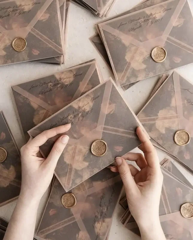 Papel vegetal com convite de casamento estilo rústico chic
