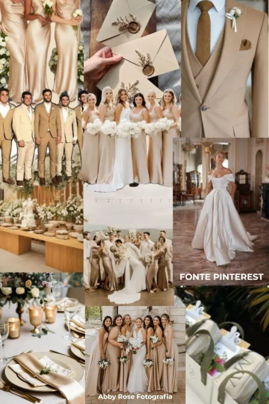 paleta de cores para casamento em alta nos tons nude champagne e branco queimado